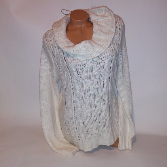 St Johns Bay Sweater Large Ivory Cream Chunky Knit Turtleneck Cowl Neck Pullover - Picture 2 of 9